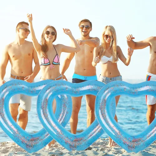 Miniatura 6 de Flotador inflable de 3 piezas de corazón para piscina, anillos de natación inflables con purpurina, despedida de soltera, tubo flotador, anillo