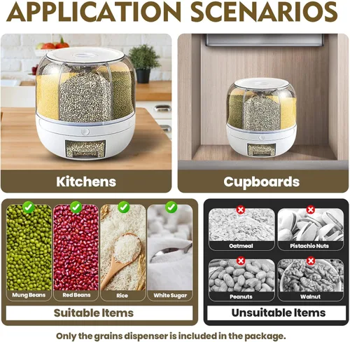 Miniatura 7 de Dispensador de Contenedor de Almacenamiento de Granos, Dispensador de Arroz Giratorio de 6 Compartimentos, Dispensador de Alimentos Giratorio