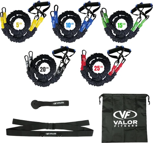 Miniatura 18 de Valor Fitness Bandas de resistencia – 5 libras a 25 libras – Mosquetones adjuntos y 2 bandas por opción de peso con asas – Funda cubierta