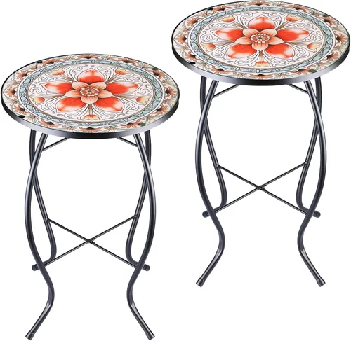 Miniatura 14 de Arbuxzuy Mesa auxiliar pequeña de 12 pulgadas para exteriores con mosaico azul-blanco, mesa de patio con mosaico de vidrio para interiores, mesa