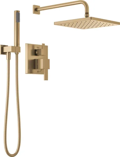 Sistema de Ducha de Lluvia Cuadrado Delta Modern Serie 14, Conjunto de Grifo, Cabezal de Ducha de Lluvia Oro Cepillado y Conjunto de Mango, Kit de