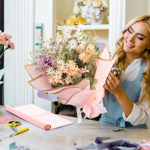 Miniatura 3 de Yahenda 420 hojas de papel de regalo de flores: papel de ramo de flores de 23 x 23 pulgadas con borde dorado, estilo coreano, para boda, despedida