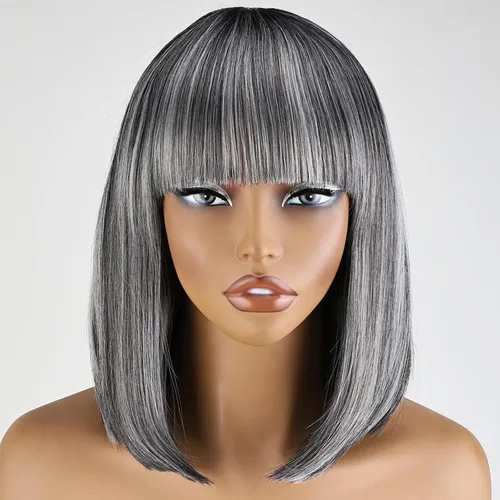 X-TRESS Peluca estilo Bob con reflejos de sal gris, gorra pequeña sin clip, lista para usar y llevar, 12 pulgadas, mezcla de balayage y color gris