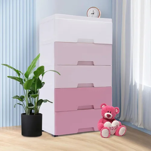 Miniatura 4 de Armario de almacenamiento de plástico de 5 niveles con 5 cajones, armario vertical de almacenamiento de ropa, ahorro de espacio, para el hogar, rosa