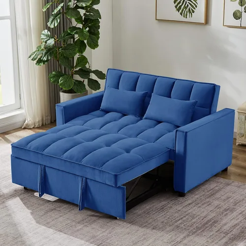 Miniatura 10 de Sofá cama biplaza de terciopelo convertible y moderno con cama desplegable, respaldo ajustable y 2 almohadas lumbares, para espacios pequeños