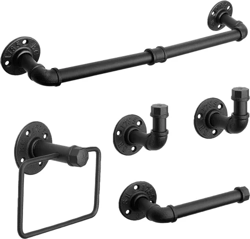 Kit de accesorios de baño de tubería industrial de 5 piezas, montaje en pared, incluye toallero, ganchos para bata, soporte para papel higiénico y