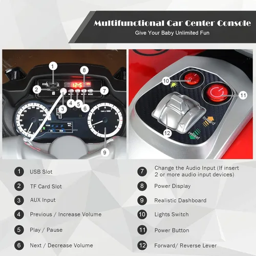 Miniatura 5 de Costzon Motocicleta de Montar para Niños, Motocicleta Eléctrica de Batería de 12V con Ruedas de Entrenamiento, Luces LED, Música, Pedal, Rojo