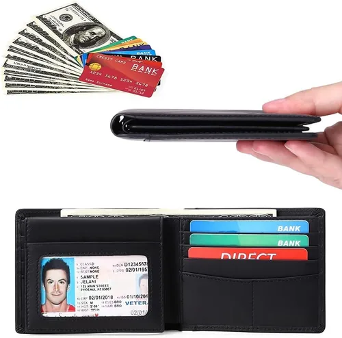 Miniatura 3 de GOIACII - Elegante cartera de cuero genuino para hombre, tarjetero espacioso con bloqueo RFID, doble blando, 2 tarjetas de identificación