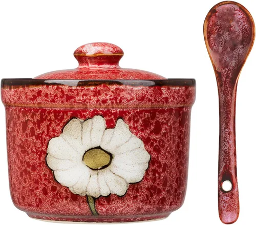 Miniatura 9 de Azucarero de cerámica hecho a mano con tapa y cuchara, tarro de condimento de porcelana de 9 onzas con diseño floral pintado a mano, recipiente