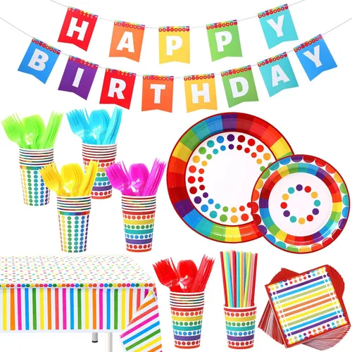 Sepamoon 258 piezas de suministros para fiesta de cumpleaños estilo arco iris, decoraciones de cumpleaños, juego de vajilla incluye platos de fiesta