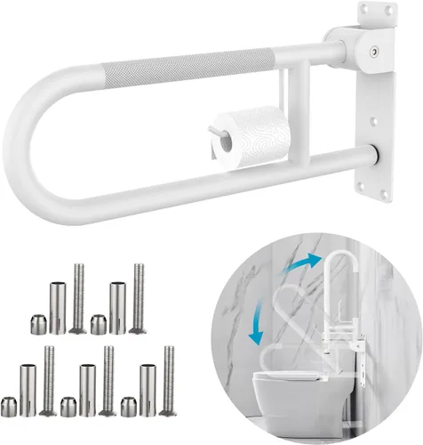 Miniatura 9 de Munzong - Barra de agarre para inodoro en forma de U de 32 pulgadas, riel de soporte antideslizante blanco, barra de agarre abatible para baño
