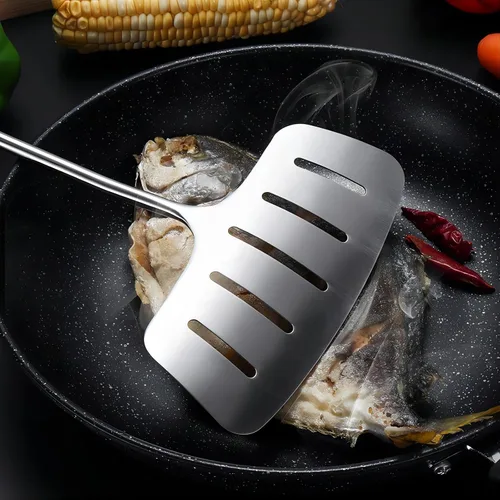 Miniatura 3 de GREATLINK Espátula de pescado de acero inoxidable 304, espátula ancha ranurada para carne con mango largo resistente al calor, girador de cocina