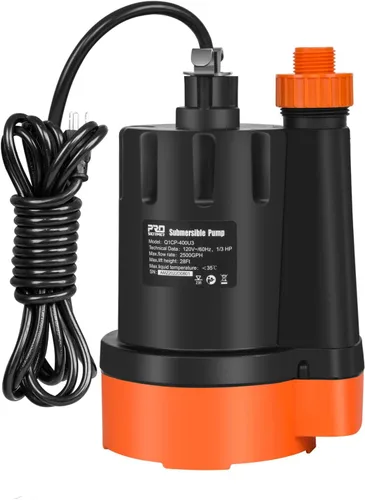 Bomba de agua sumergible, 1/3 HP 2500 GPH Bomba de drenaje de agua limpia eléctrica portátil para drenaje de piscinas, inundaciones, piscina y sótano