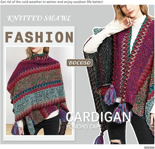 Miniatura 14 de Capa tipo poncho de punto para mujer, cárdigan de punto con flecos para otoño e invierno