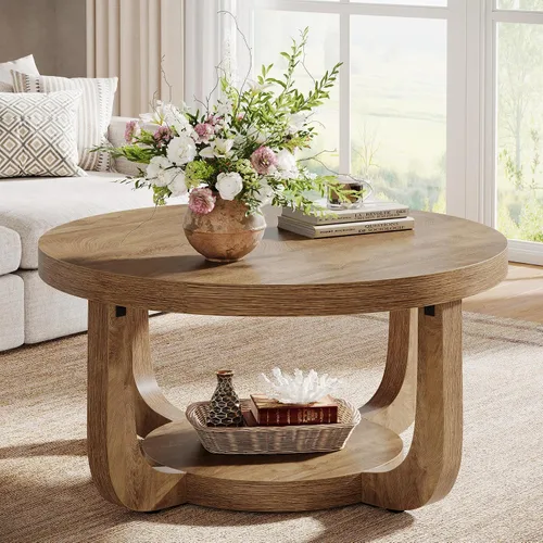 Miniatura 10 de Tribesigns - Mesa de café redonda, mesa de café circular de 2 niveles con almacenamiento, mesa auxiliar moderna de acento de madera para sala