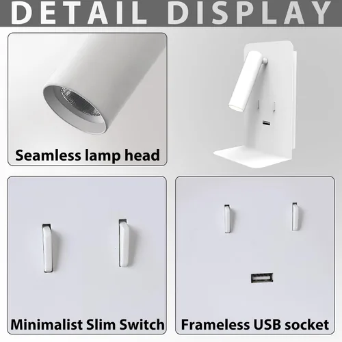 Miniatura 7 de ZEROUNO Lámpara de pared para dormitorio, luz de lectura montada en la pared, apliques de cabecera LED con interruptor Puerto USB Lámparas de Blanco