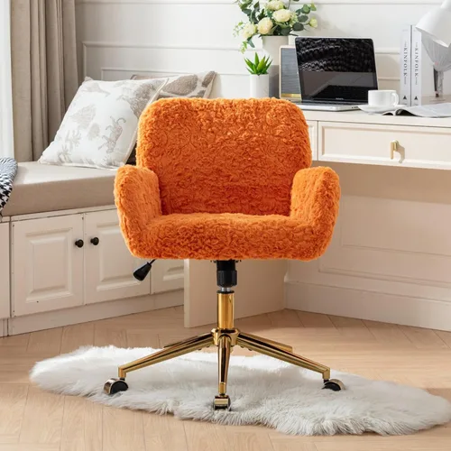Miniatura 14 de HomVent Bonita silla de oficina peluda, moderna silla de piel sintética negra con ruedas y base dorada, silla giratoria ergonómica ajustable