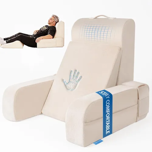 Miniatura 11 de Kayfia Almohada de lectura, almohada de espalda 10 en 1 para cama sentada con reposabrazos desmontable, respaldo con espuma viscoelástica de gel