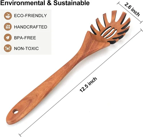 Miniatura 7 de Cuchara de madera para pasta con dientes, tenedor de espagueti, tenedores de pasta de 12.5 pulgadas, utensilios para servir, cuchara de madera