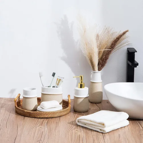 Miniatura 5 de Dispensador de jabón de cerámica beige para cocina, bomba dispensadora de manos recargable, dispensador de loción de 12 onzas para baño para jabón