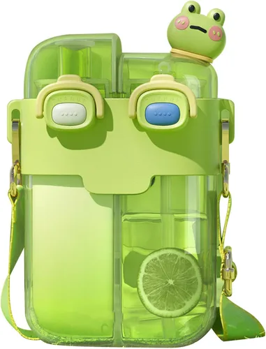 Fdit Botellas de agua Kawaii con pajilla, botella de agua doble de plástico a la moda, correa ajustable para deportes, fitness, gimnasio, campamento