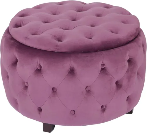 Miniatura 10 de Adeco Otomana redonda de almacenamiento, banco tapizado con botones de terciopelo con tapa extraíble, mesa auxiliar, reposapiés, asiento para sala