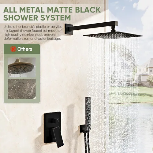 Miniatura 3 de Kurpot Sistema de ducha negro, juego de grifo de ducha montado en la pared con válvula, cabezal de ducha de lluvia de 10 pulgadas con rociador Negro