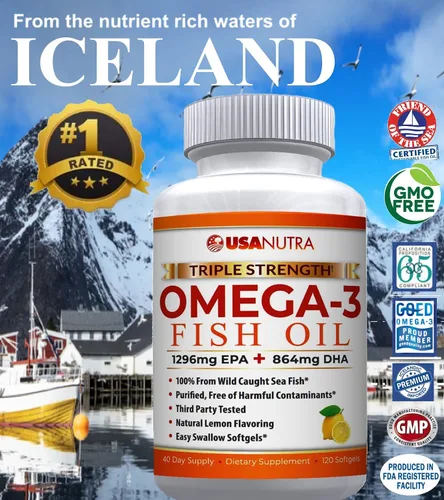 Miniatura 5 de Aceite de pescado Omega 3 de 2250 mg con 1350 EPA + 900 DHA Aceite de pescado islandés capturado en la naturaleza de triple fuerza, 120 cápsulas.