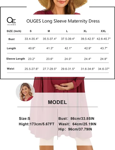 Miniatura 7 de OUGES Vestido de maternidad para mujer 2023, manga larga, cuello en V, vestidos de embarazo con bolsillos