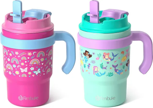 Miniatura 14 de Fimibuke Vaso aislado para niños de 16 onzas con asa y pajillas, paquete de 2 vasos de acero inoxidable 18/8 sin BPA con tapas 2 en 1, a prueba