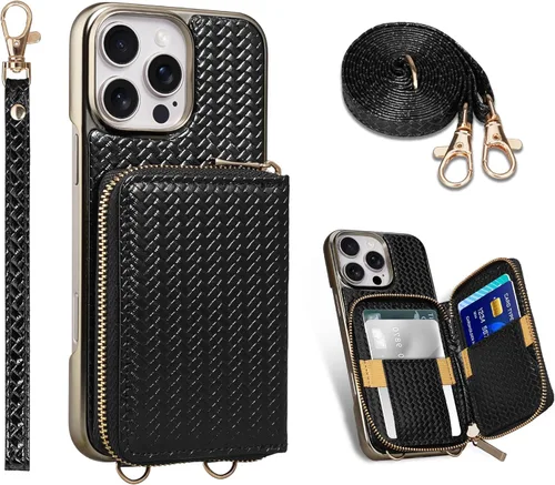 Miniatura 77 de Funda tipo cartera para iPhone 15 de 6.1 pulgadas, bolso cruzado con cremallera y correa para la muñeca con cordón para mujer, tarjetero con bloqueo