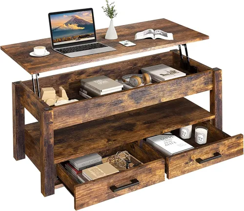 Miniatura 8 de FABATO Mesa auxiliar elevable de 41.7 pulgadas con 2 cajones de almacenamiento con compartimento oculto, estante de almacenamiento abierto para sala