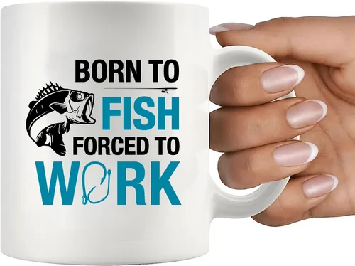 Miniatura 8 de Taza de pescador con texto en inglés "Born To Fish Forced To Work", regalos de pesca para marido, papá, abuelo, novio, café, tazas de cerámica, 11