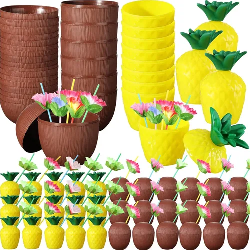 Miniatura 8 de Amyhill 36 tazas tropicales de piña y coco, tazas de plástico para fiestas hawaianas con 36 tapas y pajitas de flores, suministros de despedida