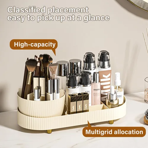 Miniatura 5 de Organizador de maquillaje giratorio para tocador con soporte para pinceles, almacenamiento de maquillaje cosmético, vitrinas de lociones
