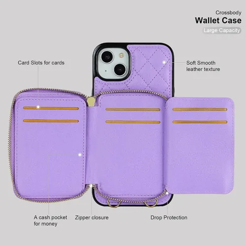 Miniatura 7 de Bocasal Funda tipo cartera cruzada para iPhone 14 Plus, bloqueo RFID, de piel sintética, con cremallera, funda tipo cartera con función atril