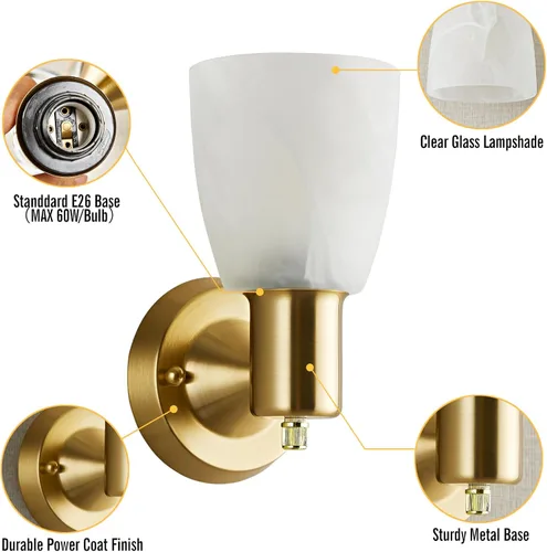 Miniatura 7 de EJIAXIN Juego de 2 apliques de pared, luces doradas de tocador para baño, accesorios de luz de pared modernos con interruptor giratorio, lámpara