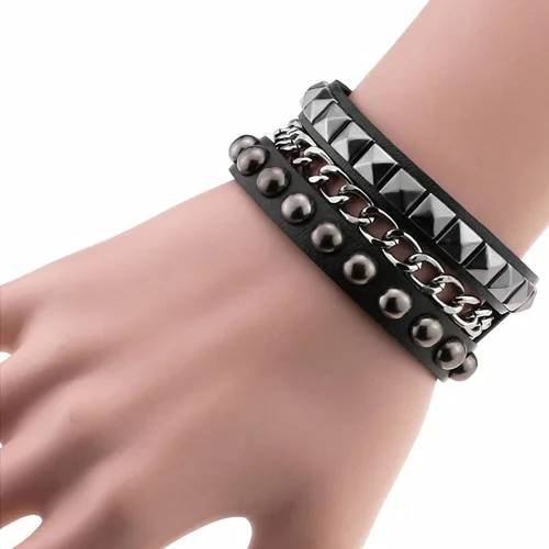 Miniatura 7 de Rivet Bracelet Multilayer Black Leather Cuff Heart Pendant Bangle Studded Chain Wrist Punk Sports Rock Bracelet Adjustable