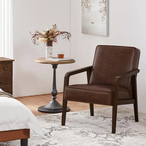 Miniatura 16 de Yaheetech Silla Decorativa, Sillón con Estructura de Madera Resistente, Silla de Estar Moderna y Retro de Piel Sintética para Sala de Marrón claro