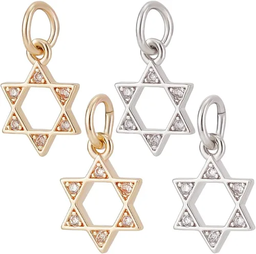 Beebeecraft 1 Box 16Pcs Star of David Charm Star Pendant Charms 14K Gold & Platinum Plated Brass Cubic Zirconia for Jewelry Making Necklace DIY