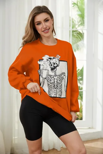 Miniatura 4 de Meladyan - Sudadera de forro polar con estampado de calavera de Halloween de gran tamaño, cuello redondo, manga larga, hombros caídos