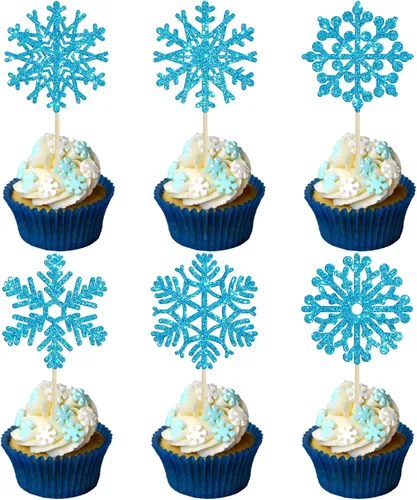 Miniatura 2 de 24 piezas de adornos para cupcakes de copo de nieve, copo de nieve azul con purpurina, adornos para cupcakes de invierno, adornos para pasteles