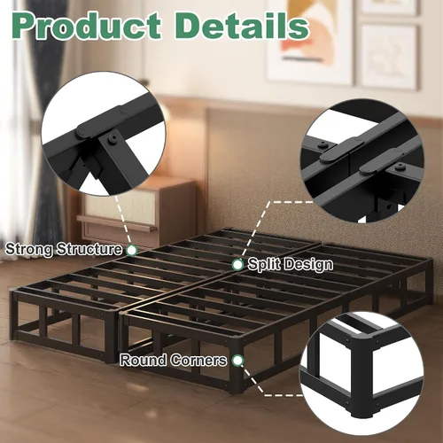 Miniatura 4 de Lutown-Teen Base de cama con somier dividido de 9 pulgadas, 3500 libras de metal resistente de alto perfil tamaño King con cubierta de tela, sin