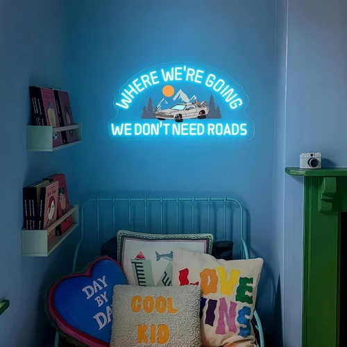 Miniatura 6 de Letrero de neón personalizado con texto en inglés «Where We're Going We Don't Need Roads», neón LED retro para decoración de pared, USB regulable