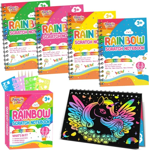 Recuerdos de fiesta para niños: paquete de 4 cuadernos de arte de rascar arcoíris para estudiantes, regalos a granel para aula para niñas y niños,