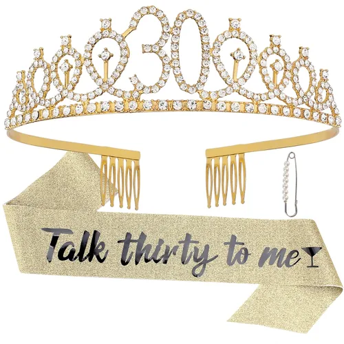 Kit de banda y tiara de cumpleaños número 30, regalos de feliz cumpleaños 30 para mujeres, decoraciones de fiesta, Metal, Diamantes de imitación