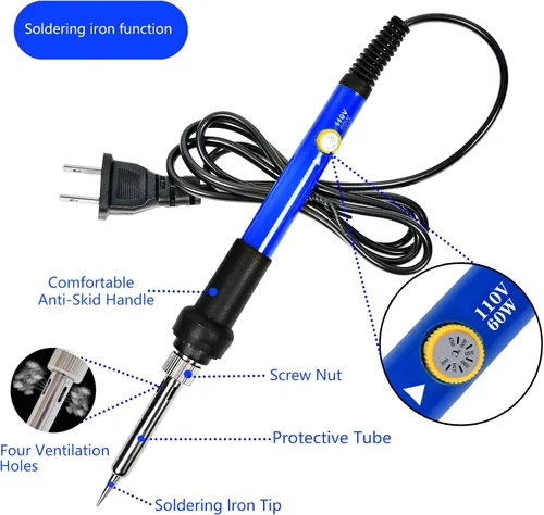 Miniatura 3 de Kit de soldador, temperatura ajustable de 60 W, multímetro digital, 5 puntas de soldadura, alambre, soporte, bomba de desoldadura, mecha de Azul