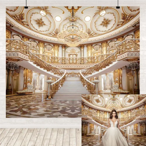 Telón de fondo de palacio de alfombra roja de 7 x 5 pies para fotografía, elegante castillo dorado real, magnífico fondo de fiesta de pasillo, fondo