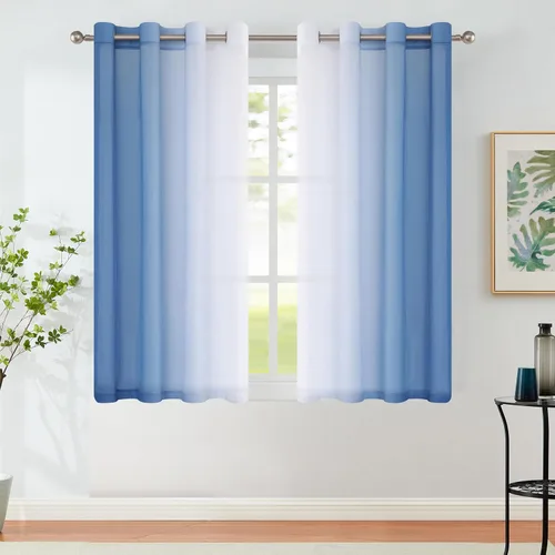 Purainbow Cortinas traslúcidas color azul degradado de 54 pulgadas de largo para dormitorio, sala de estar, paneles de cortinas cortas de gasa