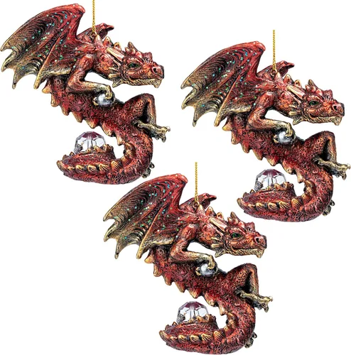 Miniatura 18 de Design Toscano - Juego de adornos de 3 dragones de Amesbury montados en piedras preciosas, color plateado, Navidad